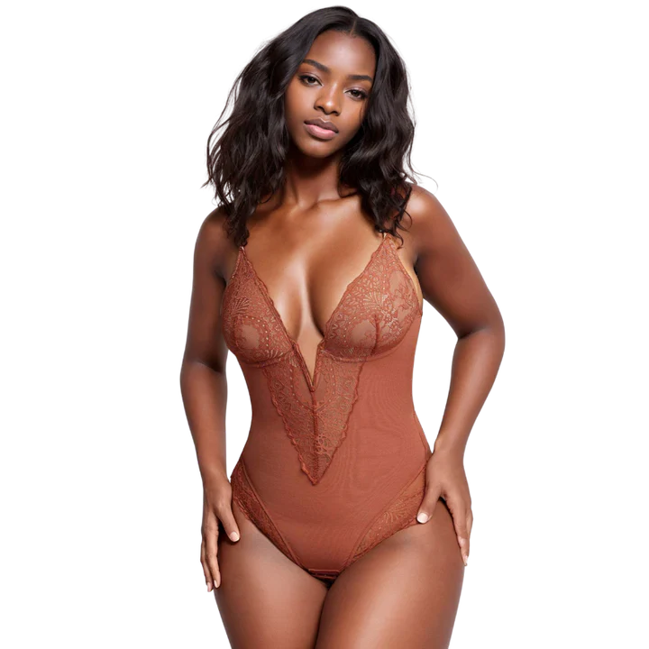 Deep-V Neck Lace Thong Bodysuit